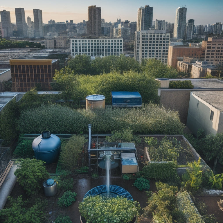 An aerial view of a rooftop with various irrigation components, including a water tank, pipes, sprinklers, and a control panel, amidst a lush greenery backdrop with a cityscape in the distance.