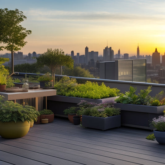 A serene rooftop garden scene at sunset, with 5-7 self-watering planters of varying shapes and sizes, lush greenery, and a few comfortable outdoor furniture pieces, set against a vibrant cityscape backdrop.