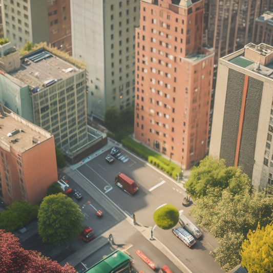 Aerial view of a bustling cityscape with rooftops of varying heights and shapes, some featuring lush green gardens and others with empty, concrete spaces, amidst a subtle grid of roads and buildings.