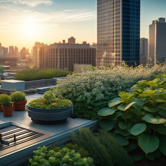 Illustrate a rooftop irrigation system with a central controller, sensors, and valves, connected to a network of pipes and sprinklers, amidst a lush green rooftop garden with varying plant species.