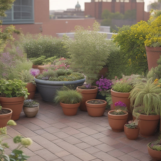 A serene rooftop garden scene with a mix of small to medium-sized planters in various shapes and materials, such as terracotta, wood, and metal, overflowing with lush greenery and vibrant flowers.