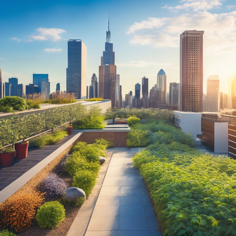 A serene urban rooftop oasis with lush greenery, solar panels, and a winding stone path, surrounded by sleek skyscrapers and a bright blue sky with a few puffy white clouds.