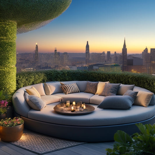 A serene rooftop oasis at dusk, featuring a plush, curved daybed surrounded by lush greenery, twinkling string lights, and a sleek, modern cityscape in the background.