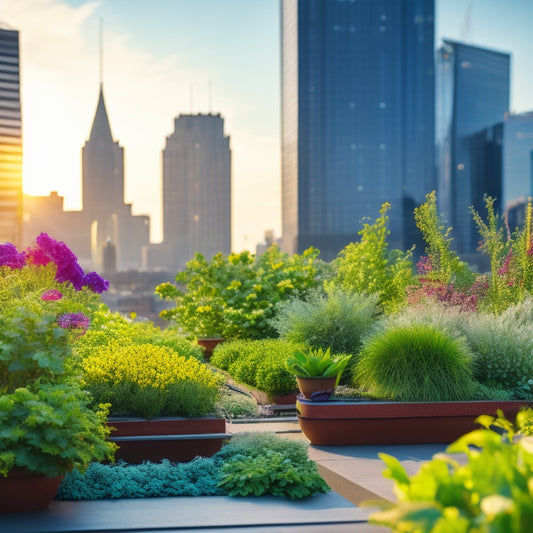 A serene rooftop garden with lush, vibrant greenery and colorful flowers thriving in hydroponic planters, surrounded by sleek, modern cityscape skyscrapers under a bright blue sky with fluffy white clouds.