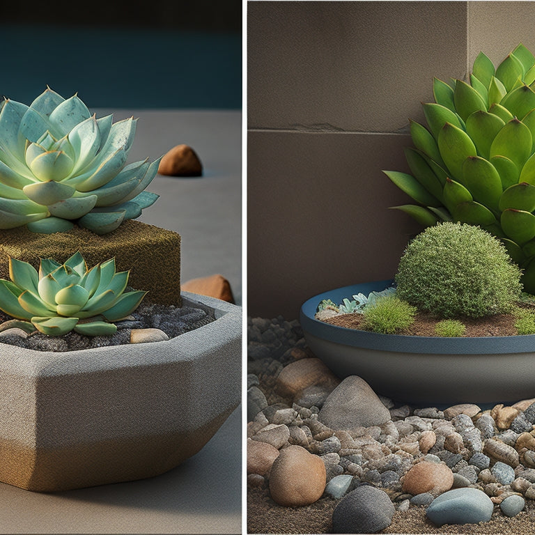 A split-screen image featuring a block planter overflowing with water and a struggling succulent on one side, and a well-draining block planter with a thriving succulent on the other, surrounded by small rocks and perlite.