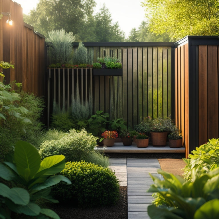 A serene, modern backyard featuring three DIY vertical gardens with transparent, sloping greenhouse roofs, overflowing with lush greenery, against a warm, sunny wooden fence.