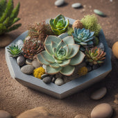 A stylized, overhead shot of a succulent arrangement in a geometric, gray concrete planter, surrounded by scattered pebbles and moss, with a blurred, industrial-chic background.