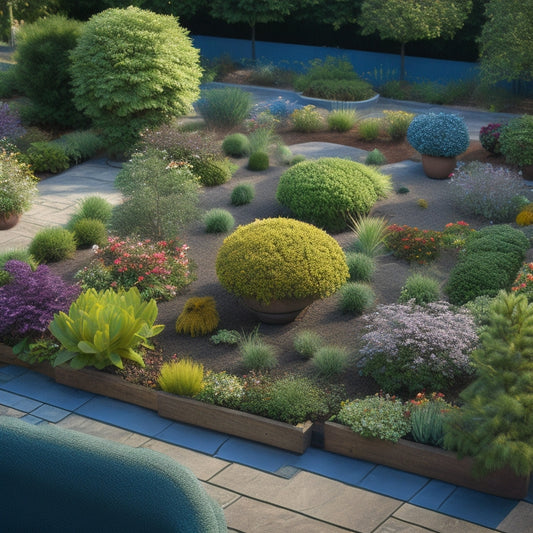 An illustration of a garden bed with various shrubs and trees of different heights, surrounded by planters of different sizes and shapes, showcasing the correct planter-to-plant ratio.