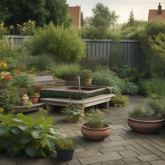 A serene rooftop garden with lush greenery, vibrant flowers, and a small pond, surrounded by a weathered wooden bench and a few scattered gardening tools, with a subtle hint of worn-out tiles and rusty railings.