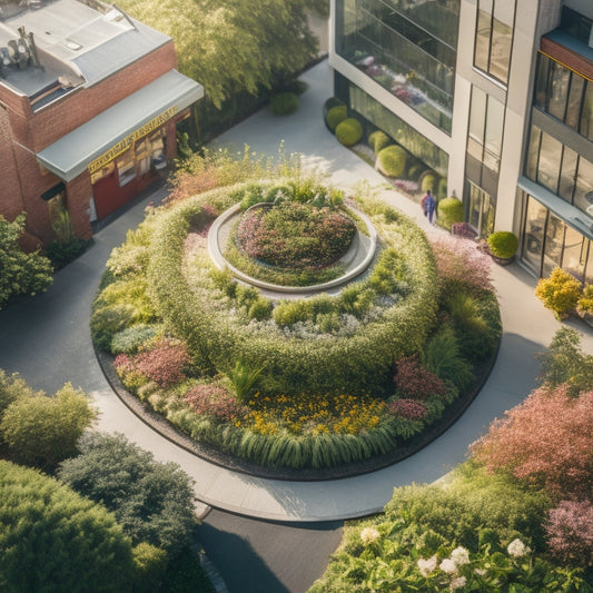 A serene, bird's-eye view of a small, modern building with a lush, verdant roof, surrounded by a bustling cityscape, featuring a mix of flowering plants, shrubs, and trees in vibrant greens and blooms.