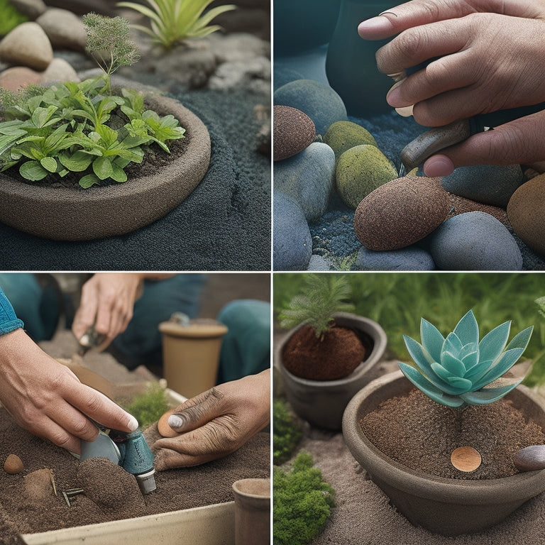 A step-by-step illustration of a person's hands holding a planter, with a drill and drill bits nearby, surrounded by small rocks, potting soil, and a drainage hole being created in the planter's bottom.