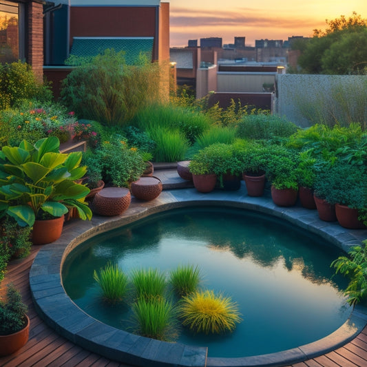 A serene rooftop oasis at sunset: lush greenery, vibrant flowers, and a small pond with a few gentle ripples, surrounded by comfortable seating and warm string lights.