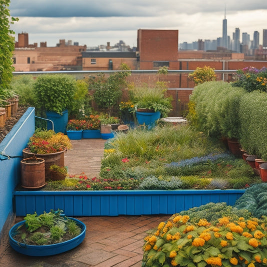 A serene rooftop garden with lush green vegetables and vibrant flowers, surrounded by a network of pipes and barrels collecting rainwater, under a cloudy blue sky with raindrops trickling down.