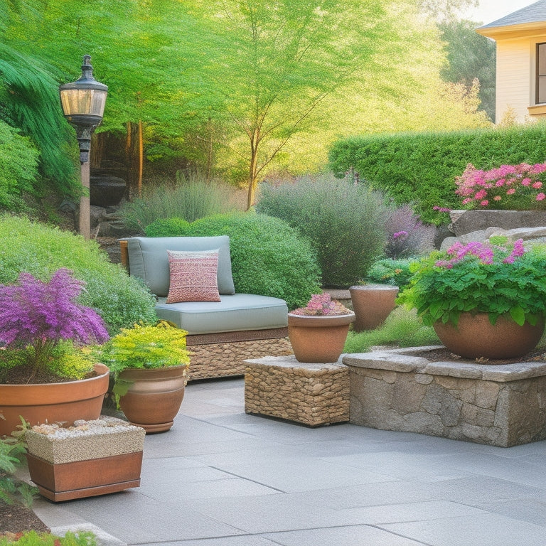 A serene backyard oasis featuring multiple planters with varying shapes, sizes, and materials, overflowing with lush greenery, flowers, and foliage, surrounded by natural stone, wood accents, and soft outdoor lighting.