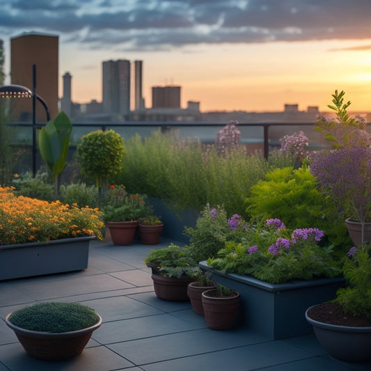 A serene rooftop garden at dusk with a misty atmosphere, featuring a drip irrigation system, soaker hose, and a smart watering controller, amidst lush greenery and vibrant flowers.
