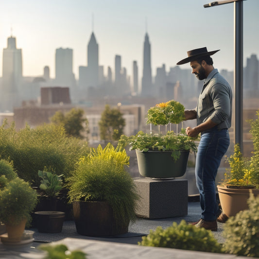 A serene rooftop garden scene with lush greenery, vibrant blooming flowers, and a few potted plants, surrounded by a sleek cityscape in the background, with a gardener in the distance holding a watering can.