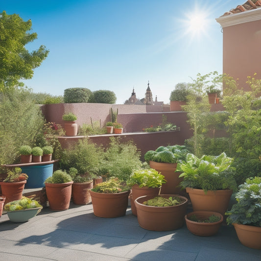 A serene rooftop garden scene with lush green vegetables and vibrant flowers, surrounded by terra cotta pots, wooden planters, and a few bags of organic fertilizers in the corner, under a sunny blue sky.