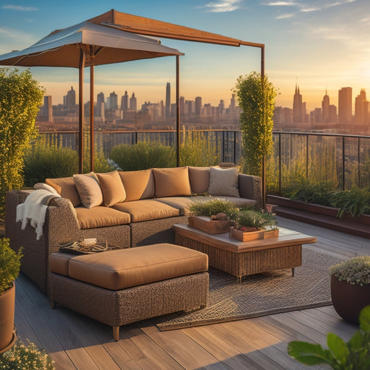 A tranquil rooftop oasis with plush sectional sofas, vibrant greenery, and a statement wooden pergola, surrounded by cityscape views and warm golden lighting at sunset.