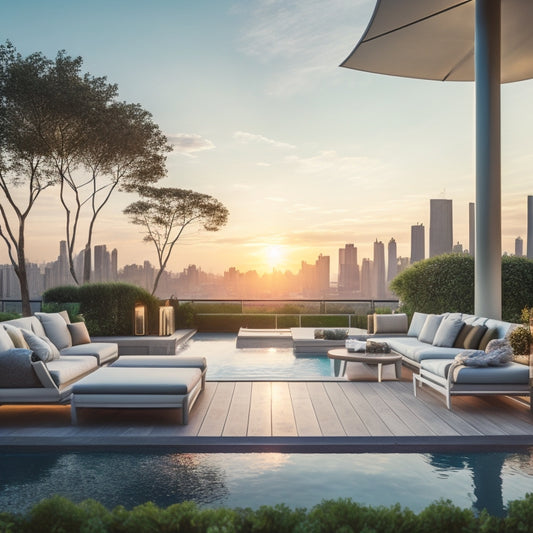 A serene rooftop oasis featuring a rectangular infinity pool surrounded by lush greenery, sleek lounge chairs, and a pergola with flowing white curtains, set against a cityscape backdrop at sunset.