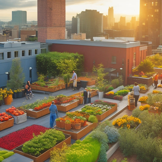 A vibrant rooftop garden with diverse crops, surrounded by a bustling cityscape, featuring people of all ages and backgrounds gathered, harvesting, and socializing together.