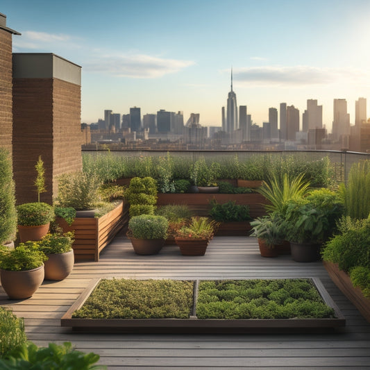 A serene rooftop garden with 5-7 raised beds of varying sizes, surrounded by a mix of potted plants, a trellis, and a wooden pergola, set against a blurred cityscape background.