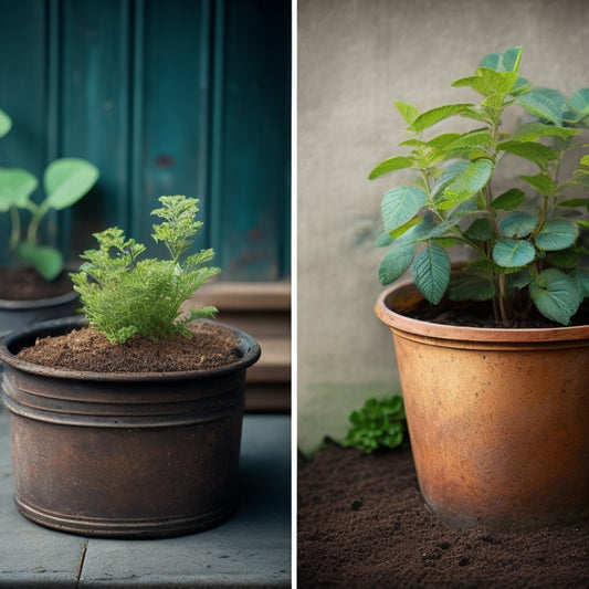 A worn, rusty metal planter with visible rust stains and old soil remnants, placed beside a clean, new planter with a layer of fresh, organic compost and a small, healthy sapling.