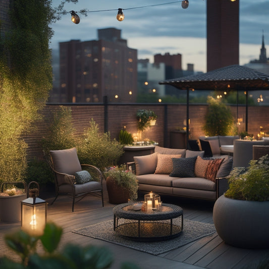 A warm summer evening rooftop garden scene with lush greenery, comfortable outdoor seating, and soft LED string lights casting a warm glow, surrounded by a cityscape at dusk.