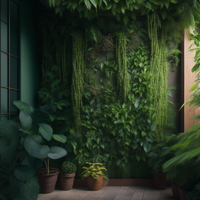 An illustration of a thriving vertical garden with lush, intertwined vines of different species, supported by a trellis or wall-mounted system, with decorative planters and a subtle outdoor background.