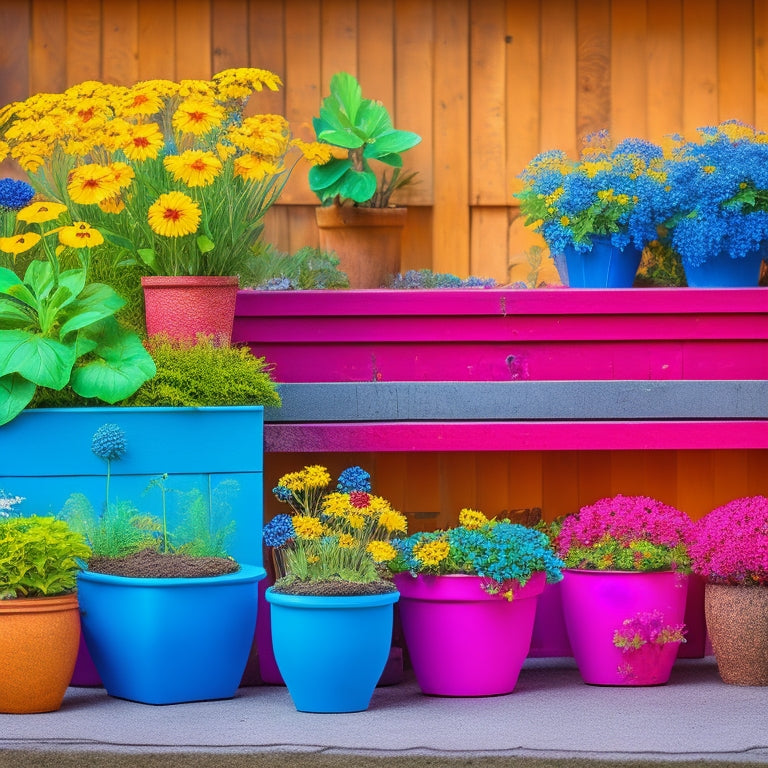 A vibrant garden scene featuring colorful flowers in upcycled concrete planters of various shapes and sizes, arranged on a rustic wooden bench. The planters are painted in bold, contrasting colors and patterns, showcasing creative upcycling techniques.