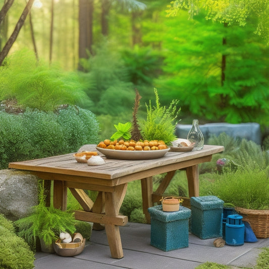 A whimsical outdoor setting with a distressed wooden table, surrounded by lush greenery, featuring three cinder block planters, each uniquely decorated with moss, seashells, or painted designs, overflowing with fresh herbs.