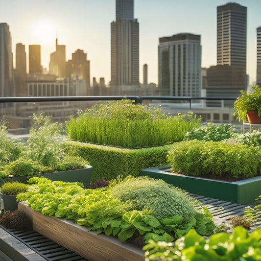 A rooftop garden with a sleek, modern hydroponic system, lush green leafy vegetables and vibrant flowers thriving in vertically stacked planters, surrounded by a bustling cityscape in the background.