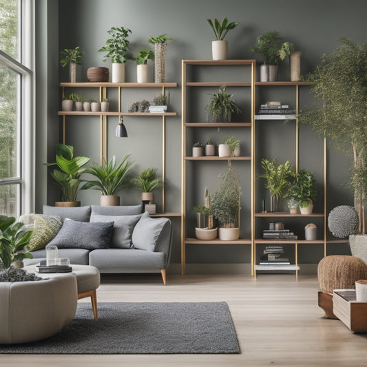 A serene, modern living room with a floor-to-ceiling vertical planter wall featuring lush green plants, wooden trellis, and small potted plants on shelves, surrounded by neutral-colored furniture.