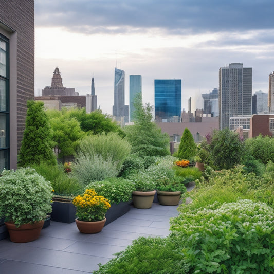 A serene rooftop garden with lush greenery, vibrant flowers, and leafy shrubs thriving amidst a backdrop of steel skyscrapers, under a soft, warm, overcast sky with subtle sunbeams peaking through.
