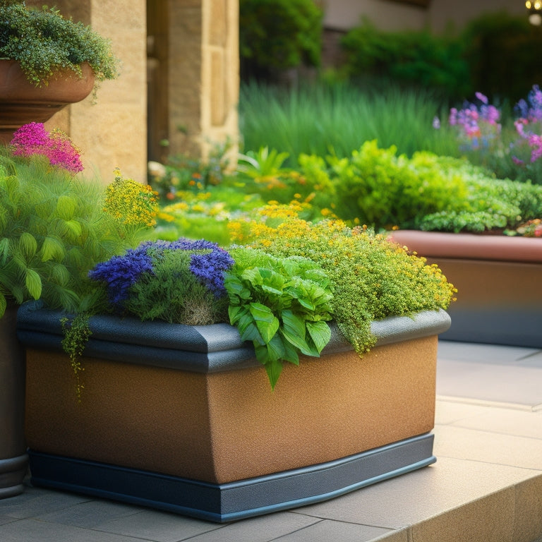 A serene outdoor setting with a large, rectangular block planter, containing lush greenery and vibrant flowers, surrounded by small rocks and a subtle trickle of water flowing out of the planter's bottom.