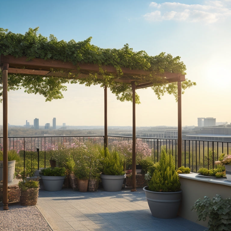 A serene rooftop scene with a newly built trellis, adorned with lush green vines and colorful blooming flowers, against a clear blue sky with a few wispy clouds.