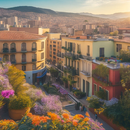 A vibrant, aerial view of a cityscape transformed by a tapestry of colorful flowers and lush greenery spilling over rooftops, balconies, and walls, with sunlight casting a warm glow.