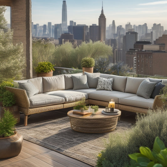 A serene rooftop oasis featuring a plush sectional sofa in a natural fabric, accompanied by a reclaimed wood coffee table, surrounded by lush greenery and vibrant blooming flowers, set against a cityscape backdrop.