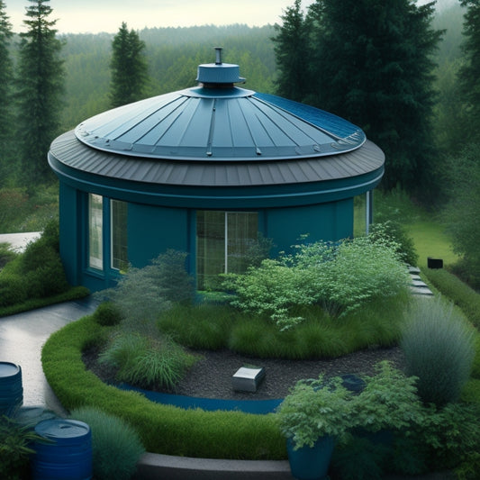 An illustration of a residential roof with a mixture of green roofs, solar panels, and varying shades of blue-gray waterproofing membranes, surrounded by lush vegetation and a rain chain draining into a rain barrel.
