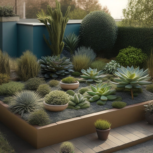 An illustration of a rooftop garden with sturdy, wind-resistant plants like succulents and grasses, arranged in a diagonal pattern to deflect wind, surrounded by a low wall with built-in seating.