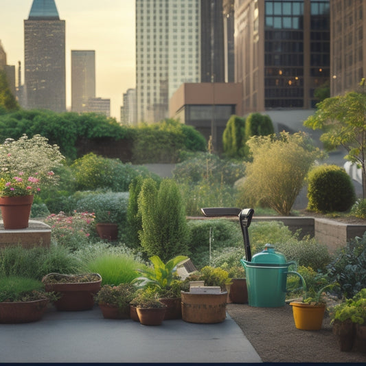 A serene urban scene featuring a small, empty garden bed surrounded by towering buildings, with a few scattered gardening tools, a watering can, and a thoughtful person standing nearby, gazing down.