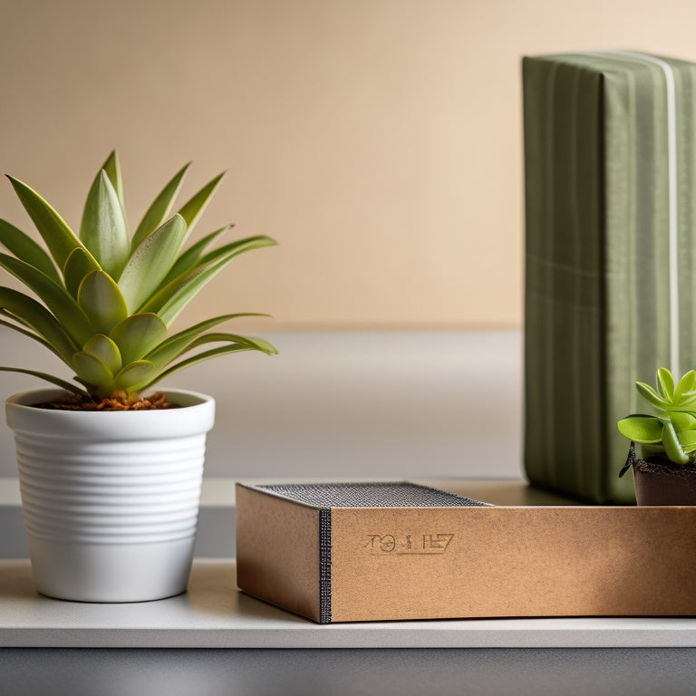 A measuring tape wrapped around a rectangular block planter, with a small potted plant and a ruler lying beside it, set against a clean, light-gray background.