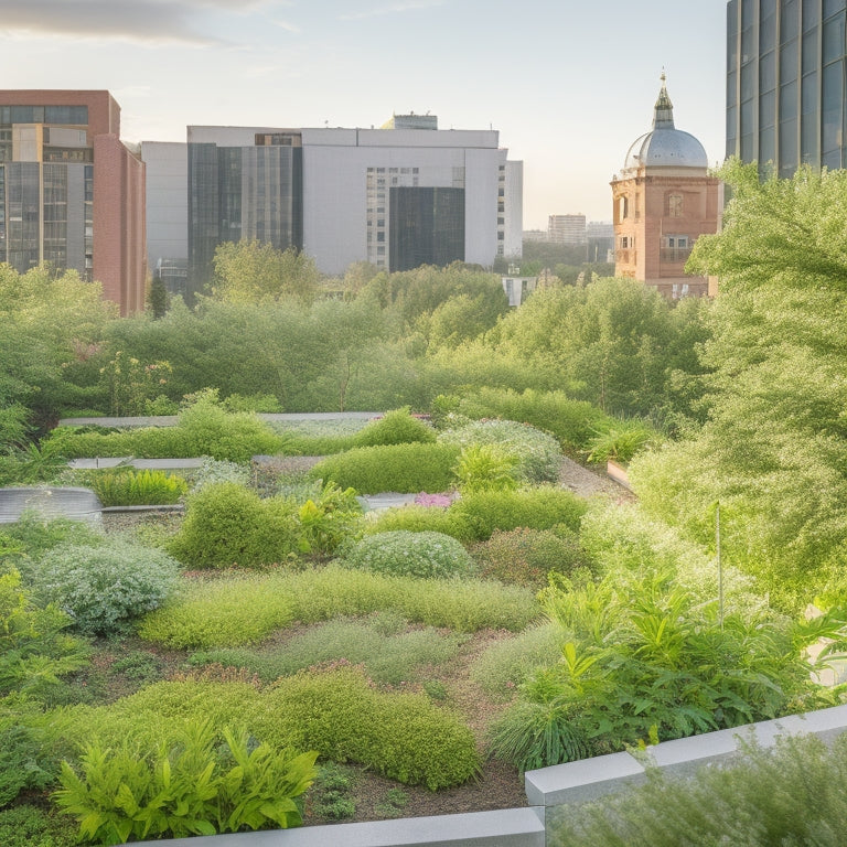 A serene, aerial view of a lush, verdant rooftop garden with varied plant species, meandering pathways, and a subtle irrigation system, set against a soft, blue-gray urban skyline.