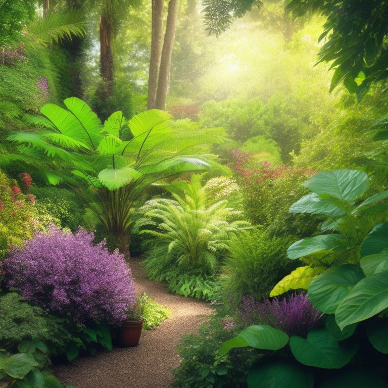 An illustration of a lush, vibrant garden in a shaded area, with a mix of greenery, colorful flowers, and varied textures, illuminated by dappled sunlight filtering through a canopy of trees.