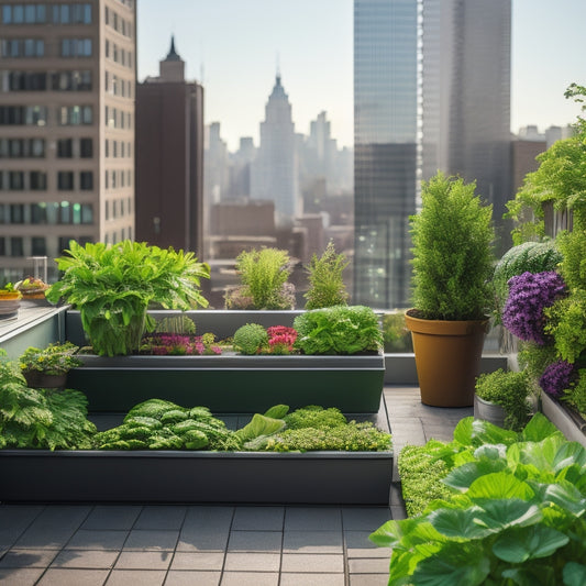 A compact, lush rooftop garden on a small urban balcony, with a mix of vibrant green vegetables, colorful flowers, and sleek modern planters, set against a backdrop of city skyscrapers.