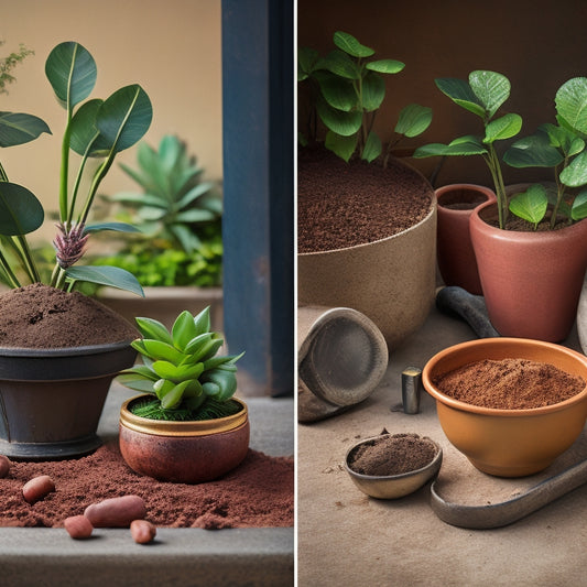 A split-screen image featuring a planter overflowing with soil and broken pottery on one side, and a sturdy planter with a balanced, lush plant on the other, with measuring tape and weights in the background.