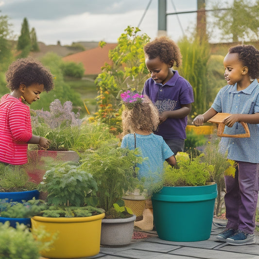 A vibrant rooftop garden scene with diverse, lush greenery and colorful blooms, featuring a diverse group of smiling children, aged 6-12, engaged in various gardening activities amidst wooden planters and trellises.