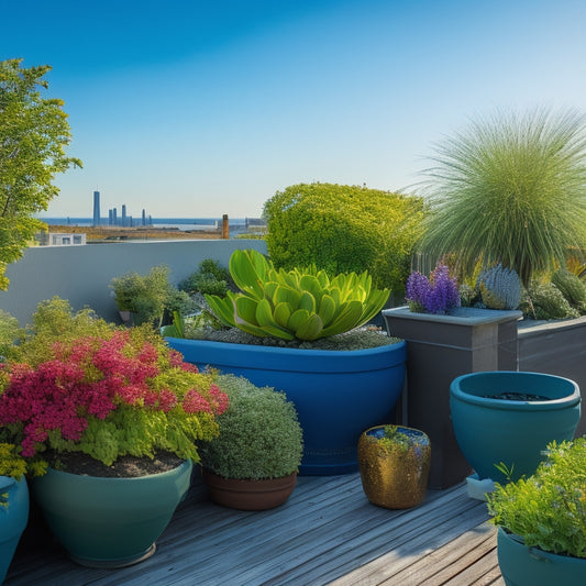 A vibrant rooftop garden in a hot and dry climate, featuring lush greenery, colorful blooms, and succulents in terracotta pots, surrounded by sleek metal railings and a clear blue sky with a few wispy clouds.