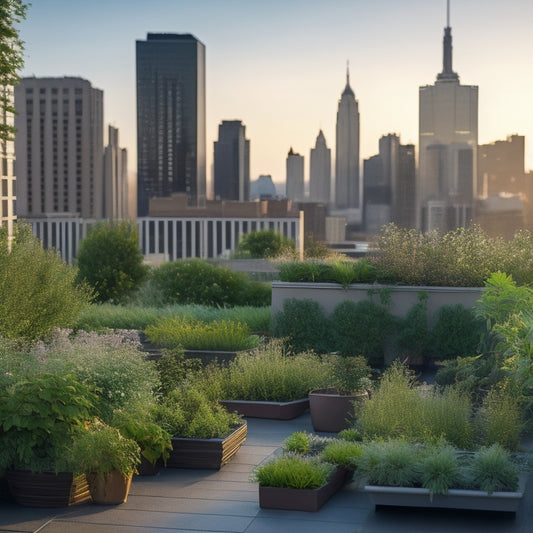 A serene rooftop garden with lush greenery, vibrant flowers, and a subtle mist emanating from a discreet drip irrigation system, surrounded by sleek, modern cityscape skyscrapers.