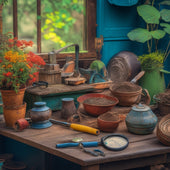 A cluttered workbench with a mix of old and worn planters, gardening tools, and machinery, with a few tools laid out neatly, inspected under a magnifying glass, amidst scattered leaves and soil.