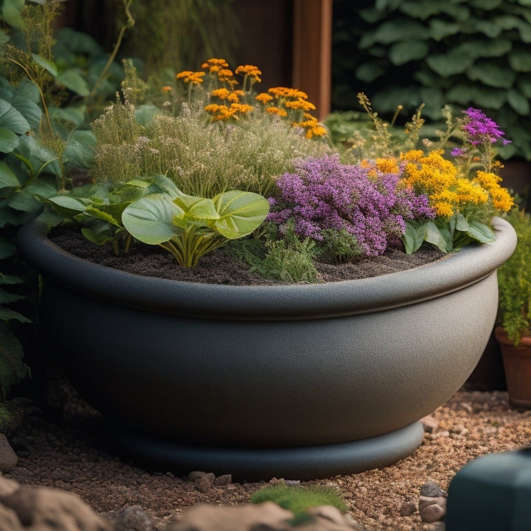 An image of a planter with good drainage, featuring small rocks at the bottom, a layer of activated charcoal, and a well-aerated potting mix, surrounded by lush greenery and a few thriving flowers.